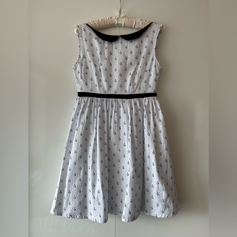 Ducks In A Row A-Line White Dress with Peter Pan Collar and Penguin Print,Size M